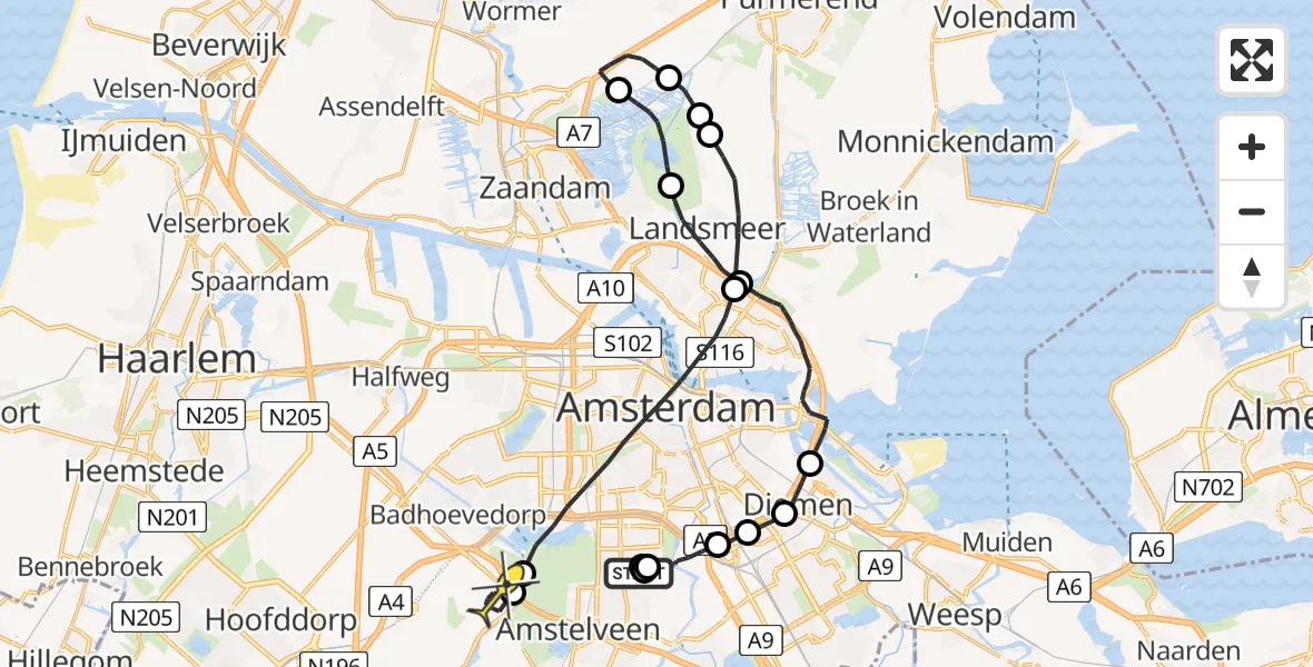 Routekaart van de vlucht: Politieheli naar Schiphol