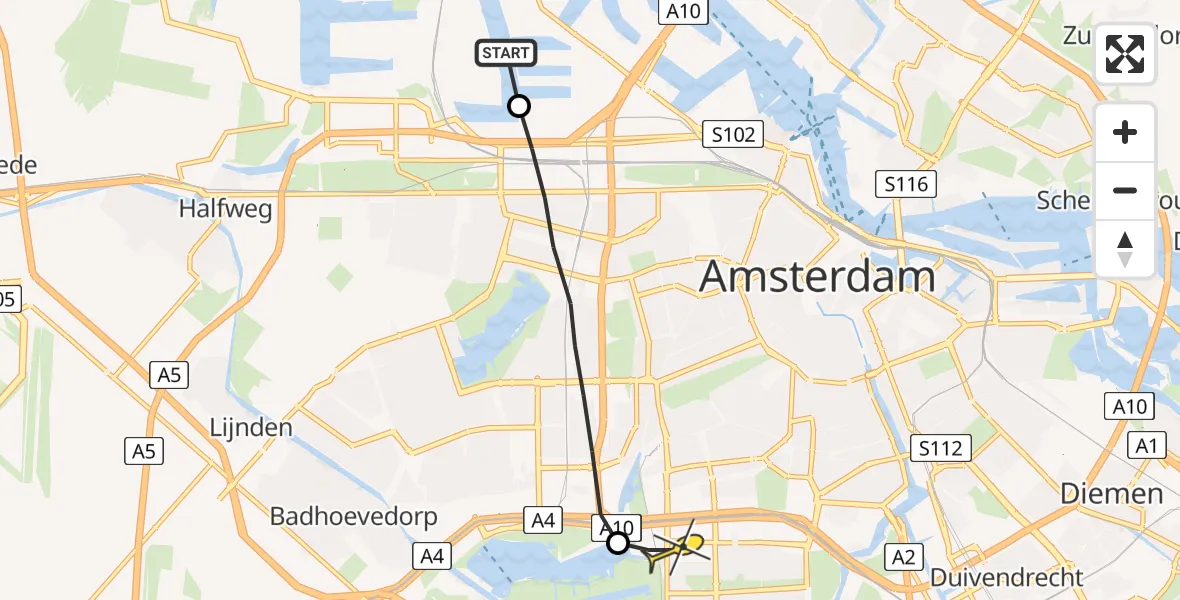 Routekaart van de vlucht: Lifeliner 1 naar VU Medisch Centrum Amsterdam