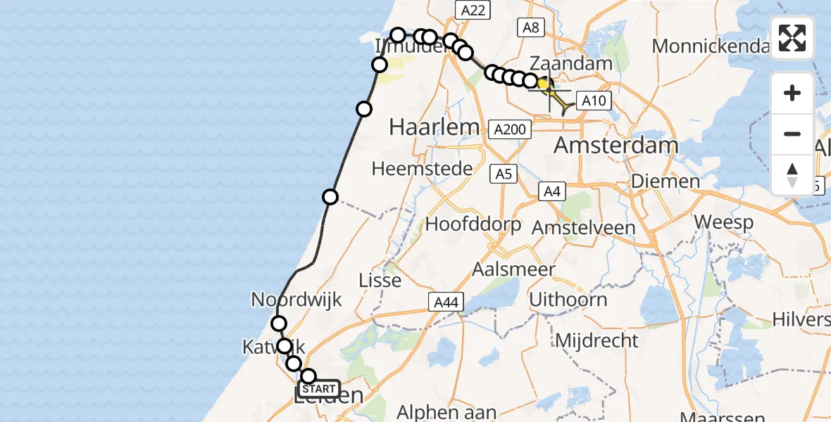 Routekaart van de vlucht: Lifeliner 1 naar Amsterdam Heliport