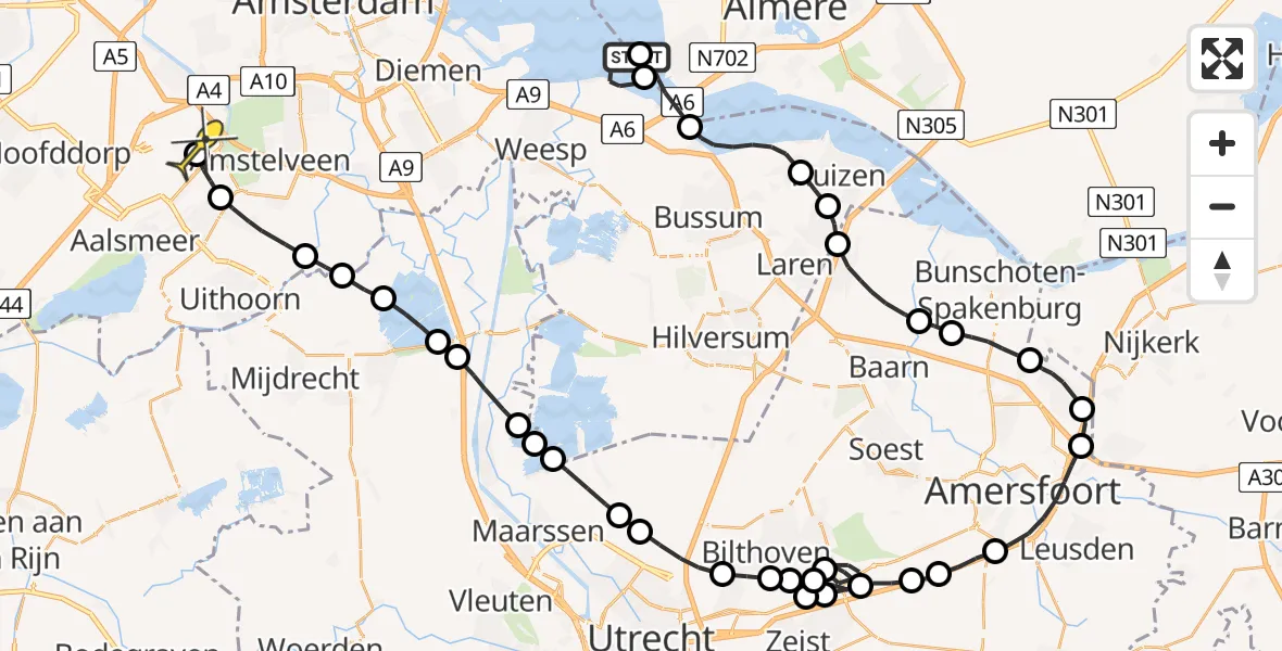 Routekaart van de vlucht: Politieheli naar Schiphol