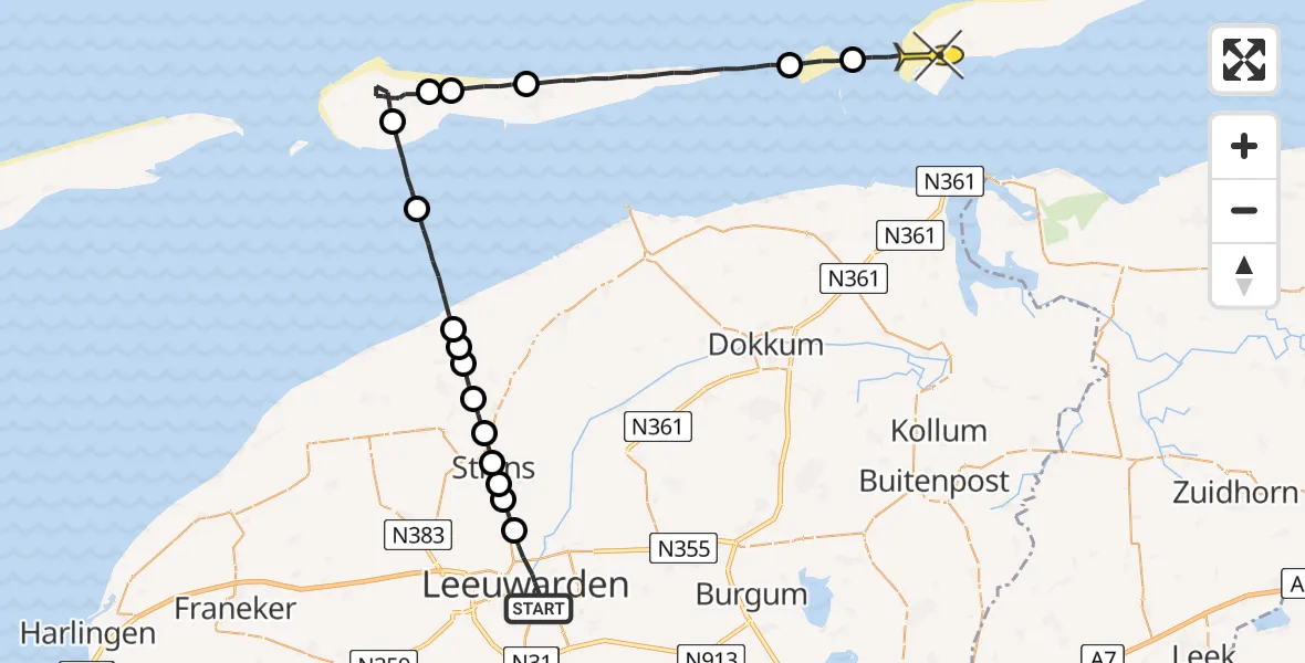 Routekaart van de vlucht: Lifeliner 4 naar Schiermonnikoog