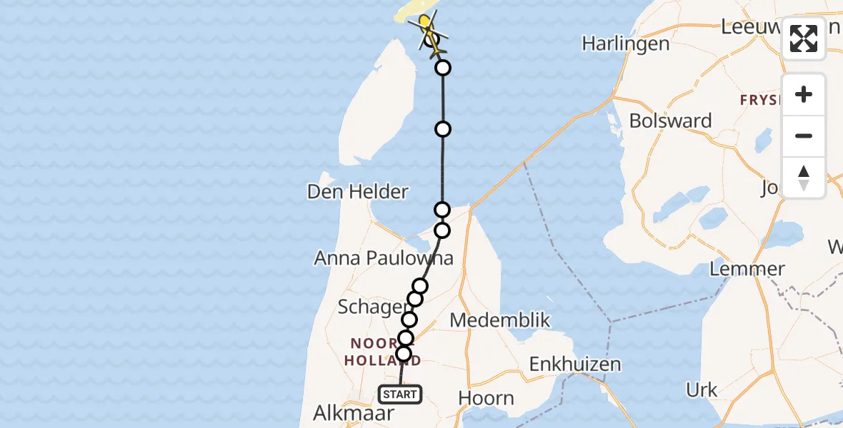 Routekaart van de vlucht: Politiehelikopter naar Vlieland