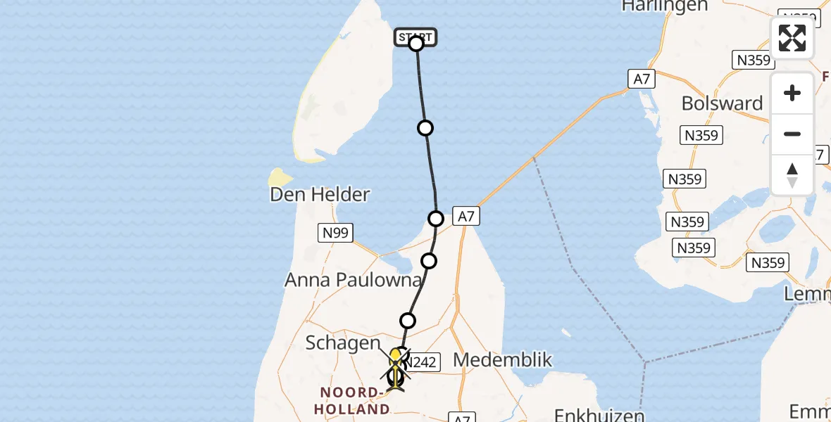 Routekaart van de vlucht: Politiehelikopter naar Winkel