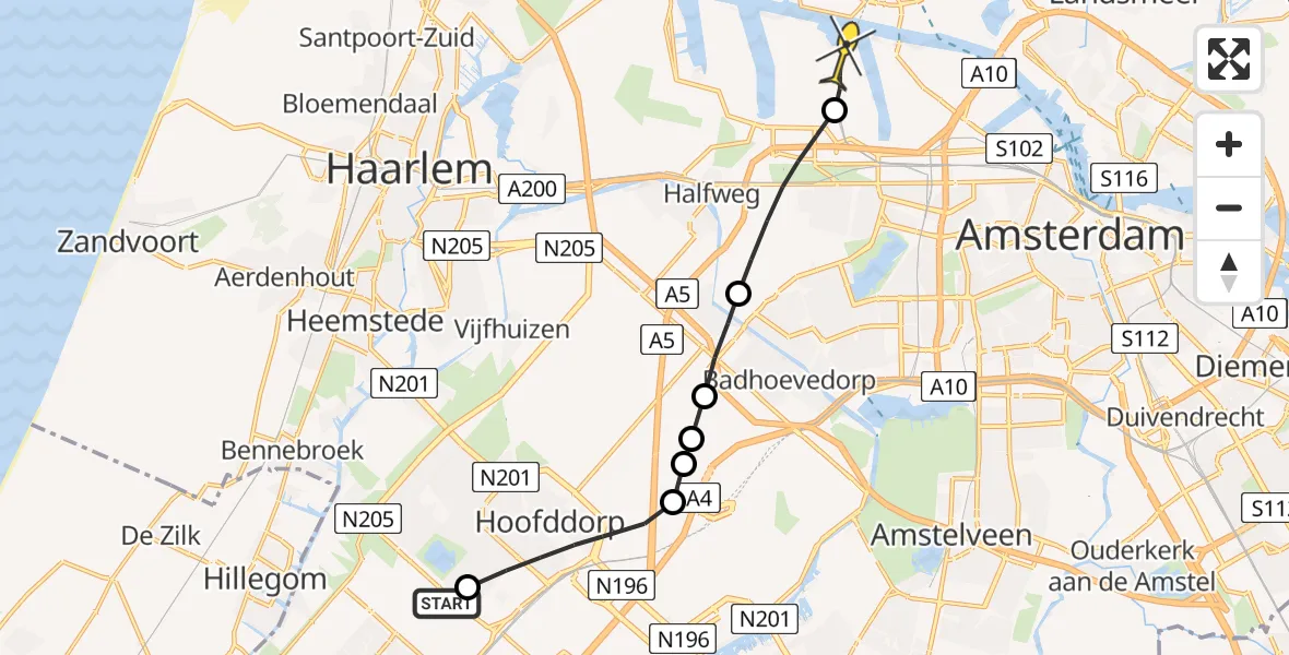 Routekaart van de vlucht: Lifeliner 1 naar Amsterdam Heliport