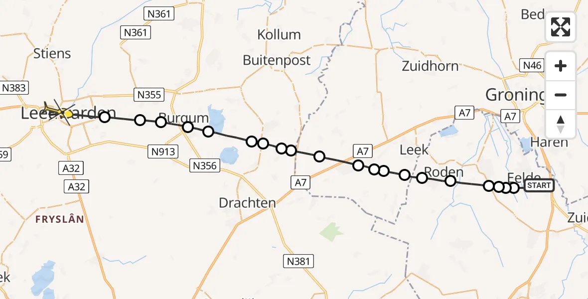 Routekaart van de vlucht: Lifeliner 4 naar Leeuwarden