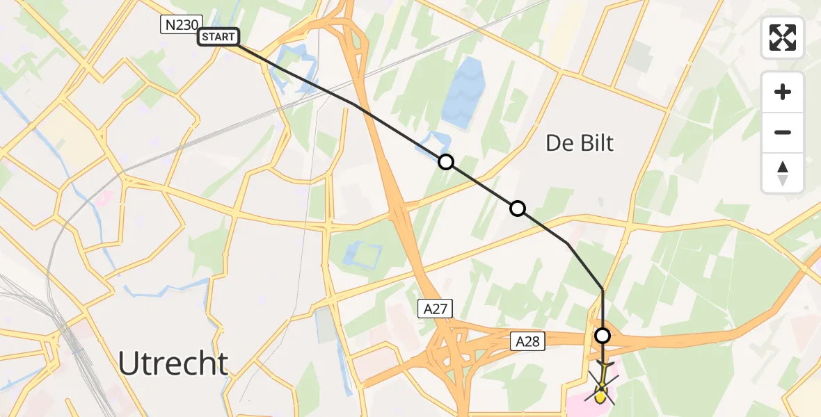 Routekaart van de vlucht: Lifeliner 1 naar Universitair Medisch Centrum Utrecht