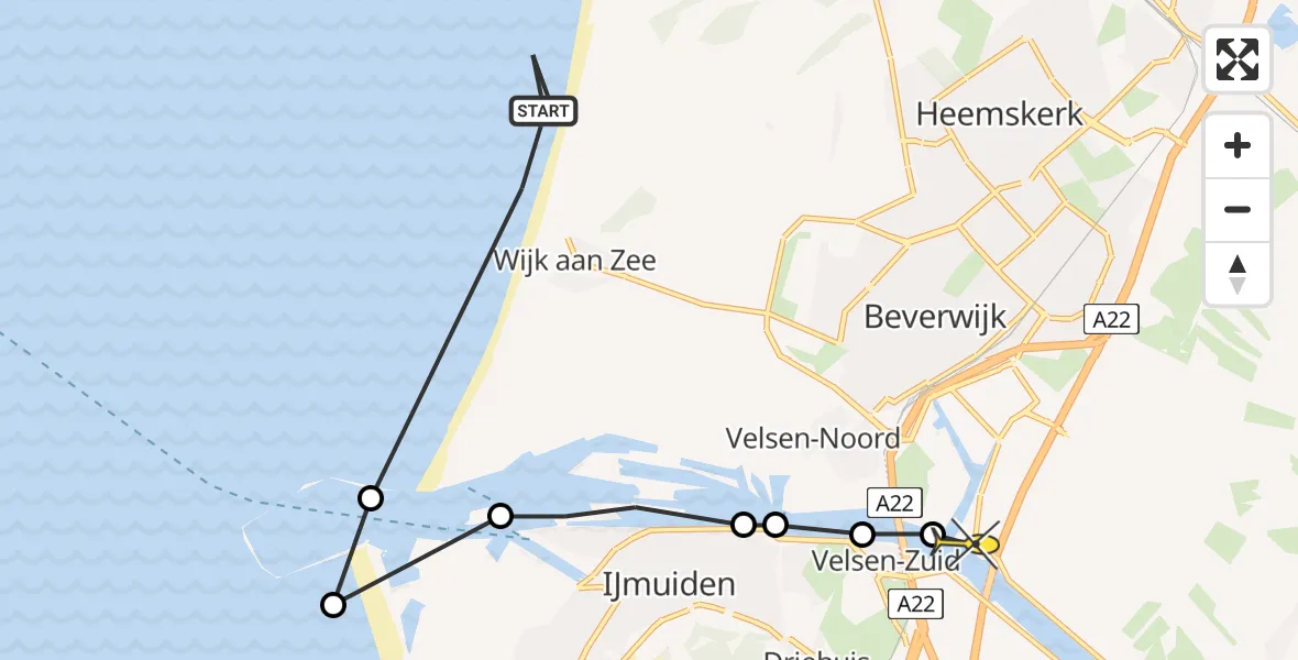 Routekaart van de vlucht: Politieheli naar Beverwijk