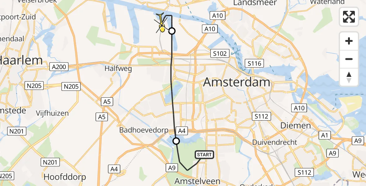 Routekaart van de vlucht: Lifeliner 1 naar Amsterdam Heliport