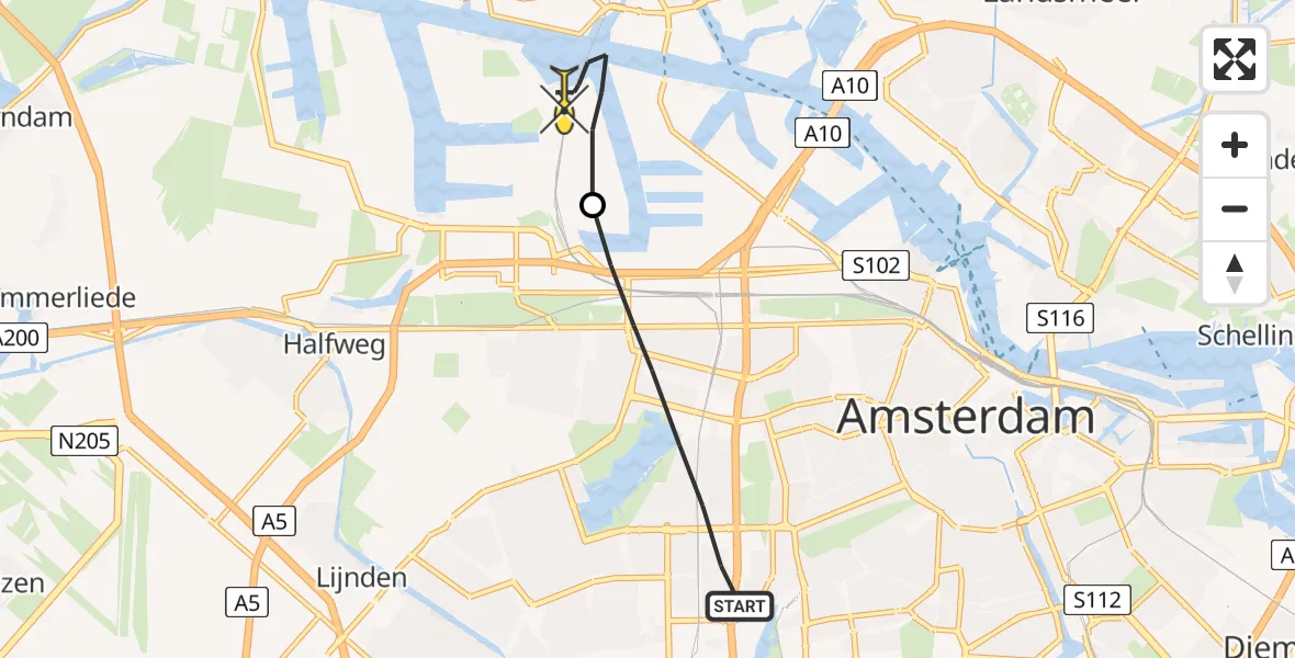 Routekaart van de vlucht: Lifeliner 1 naar Amsterdam Heliport