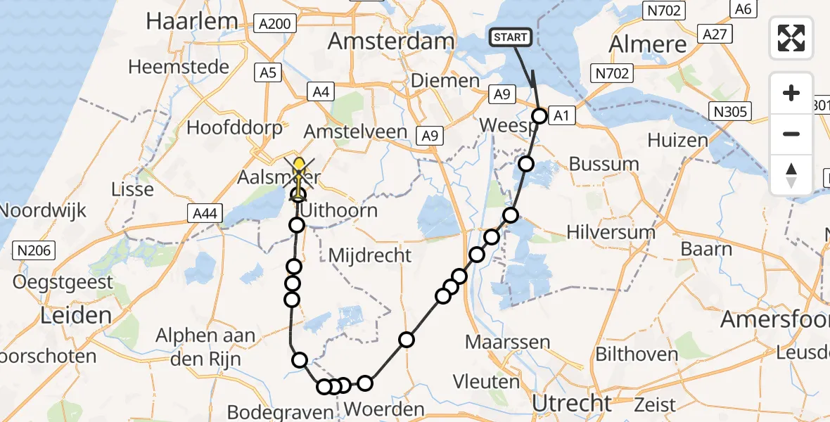 Routekaart van de vlucht: Politieheli naar Aalsmeer