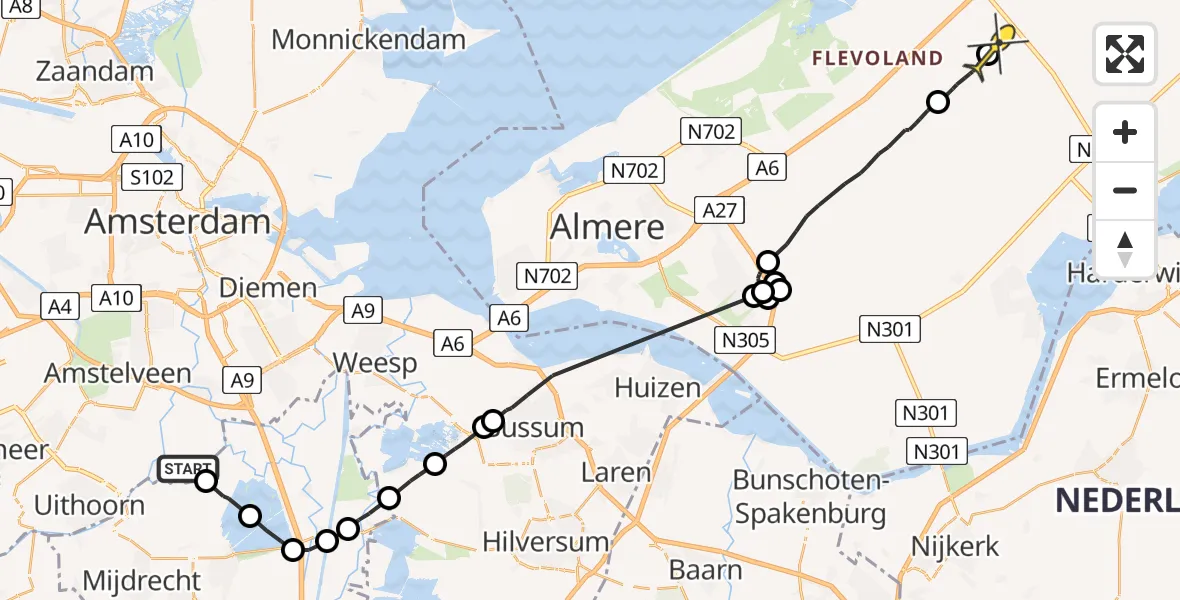 Routekaart van de vlucht: Politieheli naar Lelystad Airport