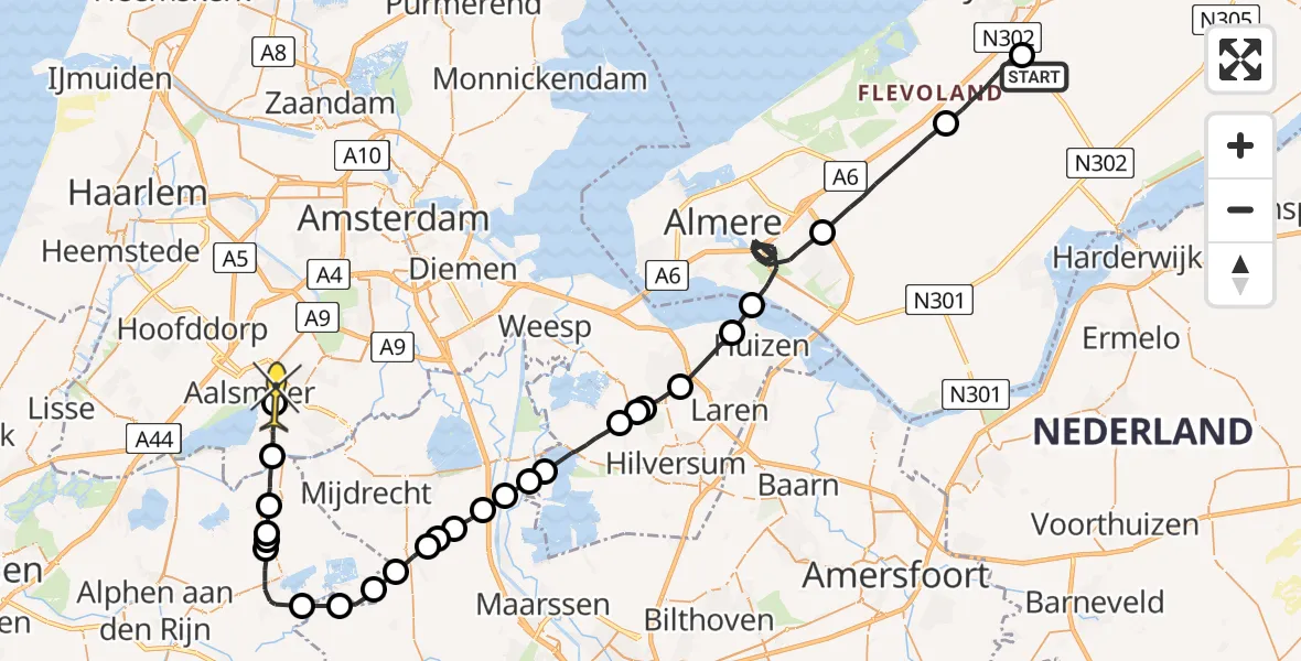 Routekaart van de vlucht: Politieheli naar Aalsmeer