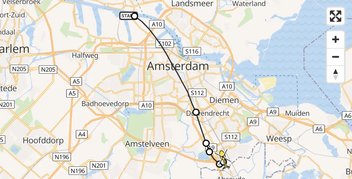 Routekaart van de vlucht: Lifeliner 1 naar Academisch Medisch Centrum (AMC)