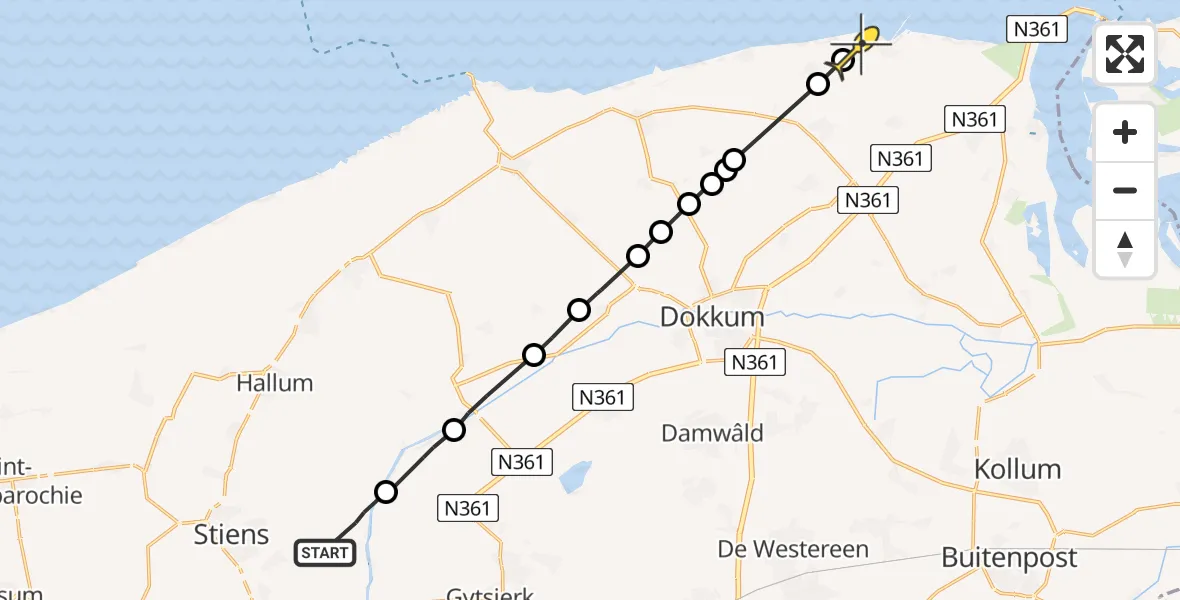 Routekaart van de vlucht: Ambulancehelikopter naar Moddergat