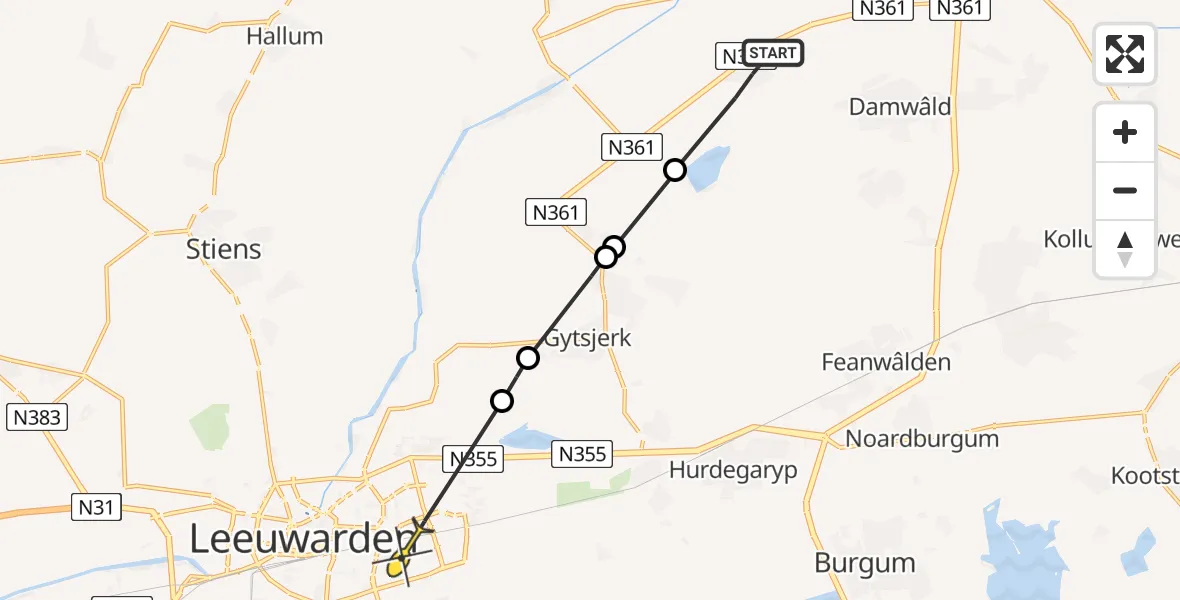Routekaart van de vlucht: Ambulanceheli naar Leeuwarden