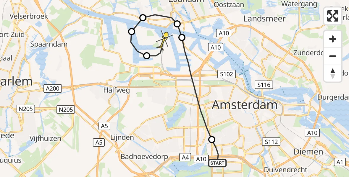 Routekaart van de vlucht: Lifeliner 1 naar Amsterdam Heliport