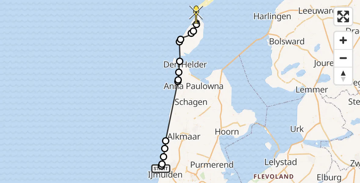 Routekaart van de vlucht: Politieheli naar De Cocksdorp