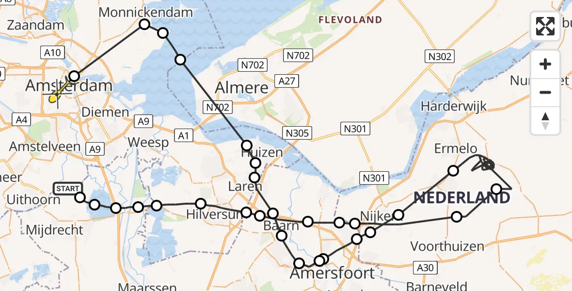 Routekaart van de vlucht: Politieheli naar Amsterdam