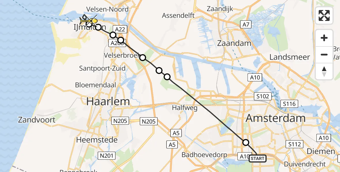 Routekaart van de vlucht: Lifeliner 1 naar IJmuiden Heliport