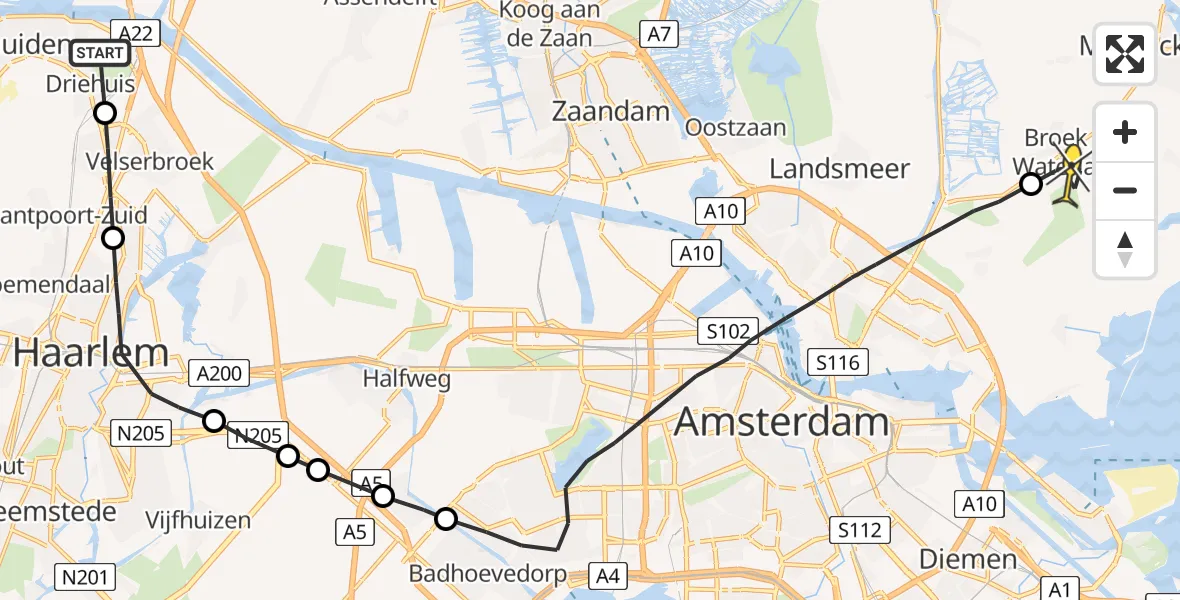 Routekaart van de vlucht: Lifeliner 1 naar Broek in Waterland