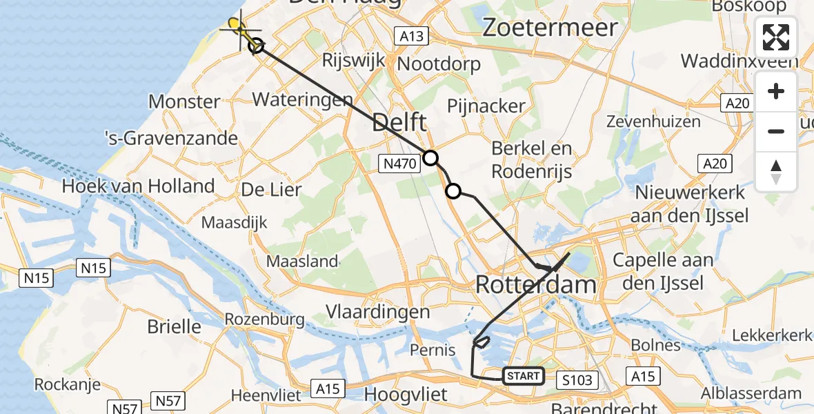 Vluchtroute Politiehelikopter van Rotterdam naar Den Haag