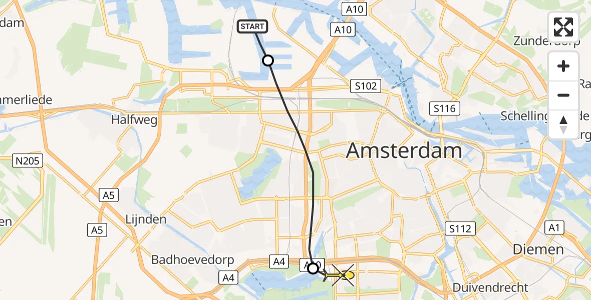 Routekaart van de vlucht: Lifeliner 1 naar VU Medisch Centrum Amsterdam