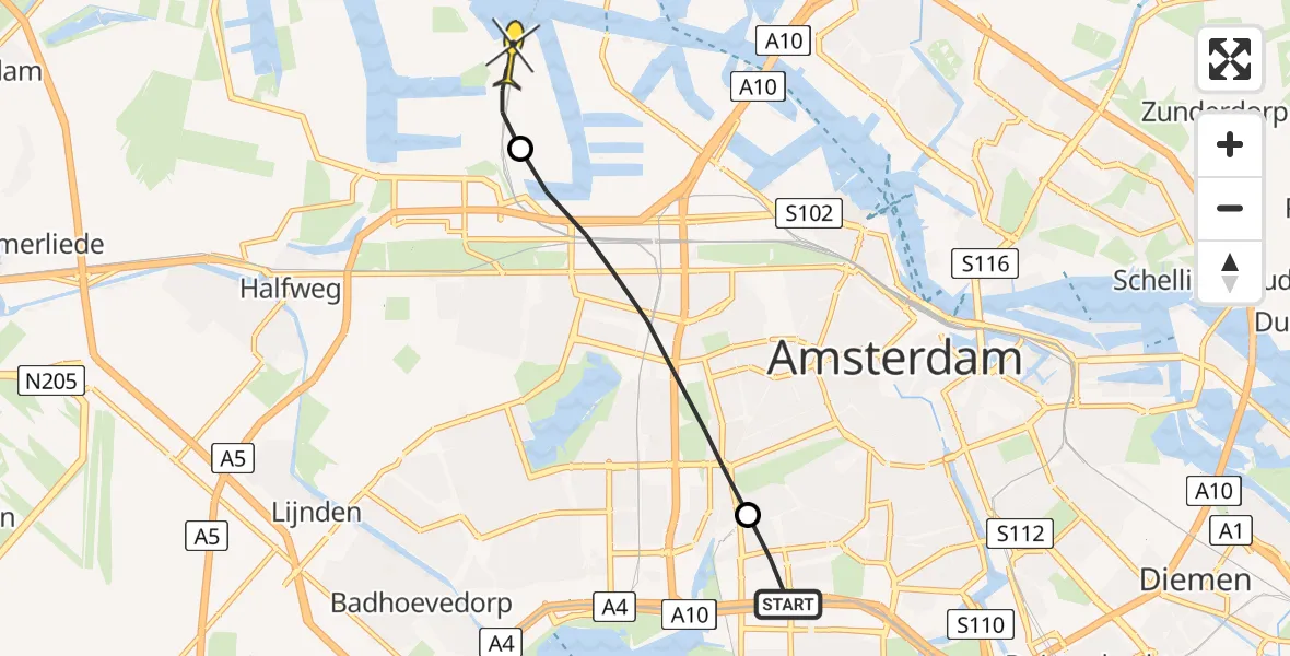 Routekaart van de vlucht: Lifeliner 1 naar Amsterdam Heliport
