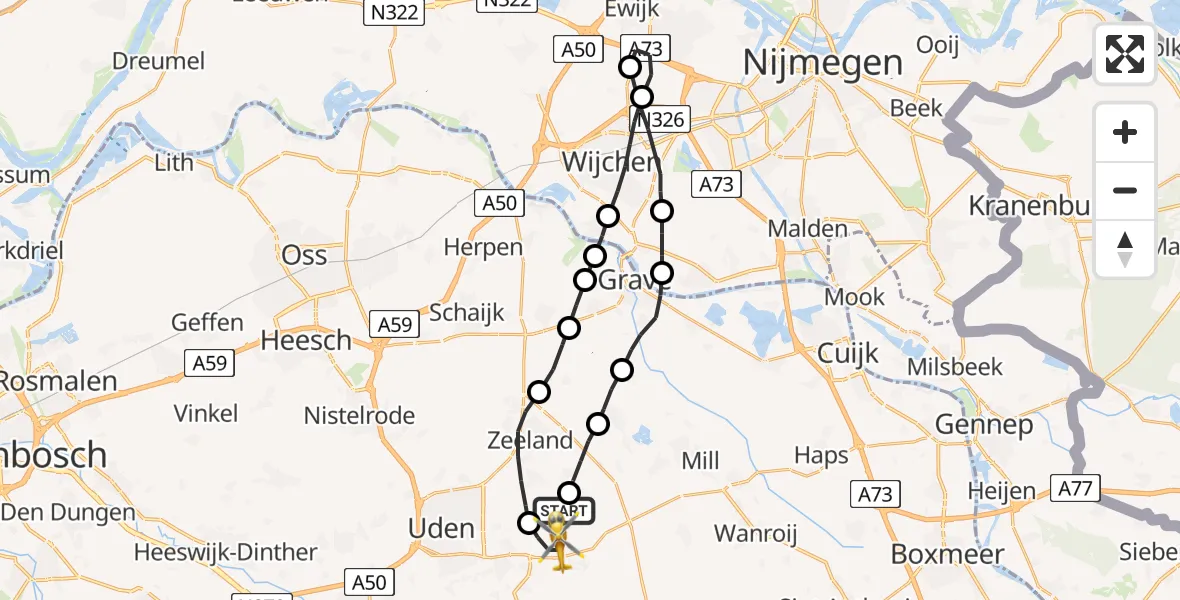 Vluchtroute Traumahelikopter Vliegbasis Volkel - Vliegbasis Volkel, 28 januari 2023, 10:37