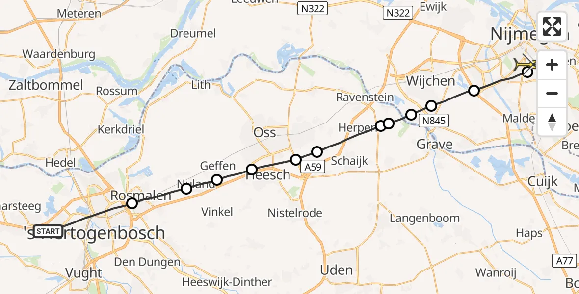 Routekaart van de vlucht: Lifeliner 3 naar Radboud Universitair Medisch Centrum