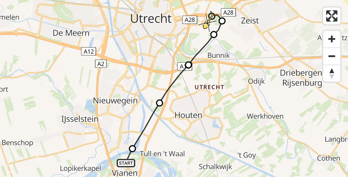 Routekaart van de vlucht: Lifeliner 1 naar Universitair Medisch Centrum Utrecht