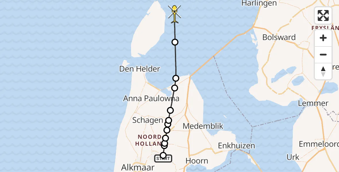 Routekaart van de vlucht: Politiehelikopter naar De Cocksdorp
