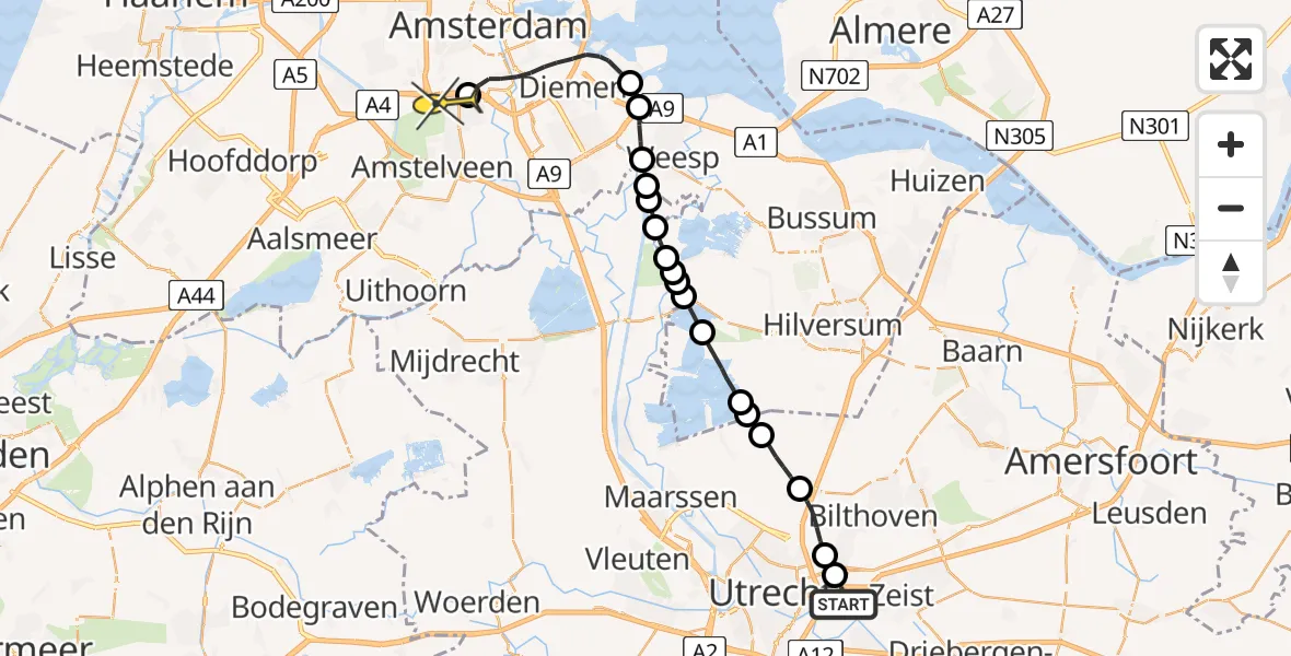 Routekaart van de vlucht: Lifeliner 1 naar VU Medisch Centrum Amsterdam