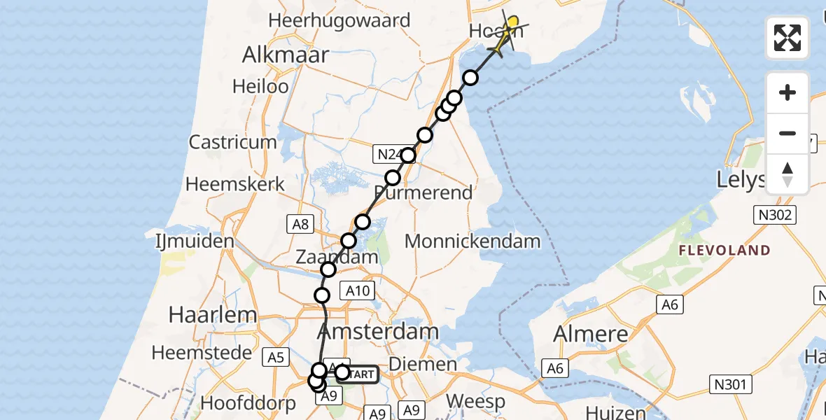 Routekaart van de vlucht: Lifeliner 1 naar Hoorn