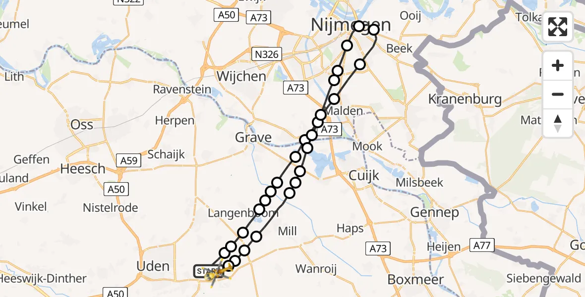 Vluchtroute Traumahelikopter Vliegbasis Volkel - Vliegbasis Volkel, 30 januari 2023, 18:36