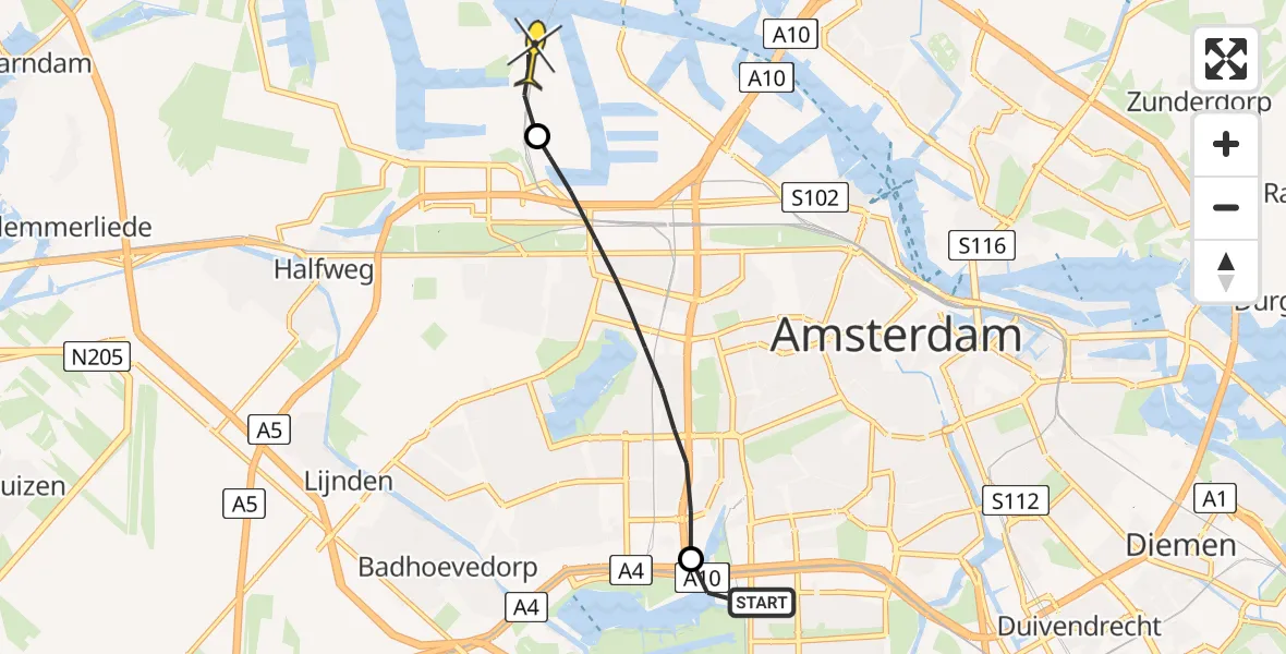 Routekaart van de vlucht: Lifeliner 1 naar Amsterdam Heliport