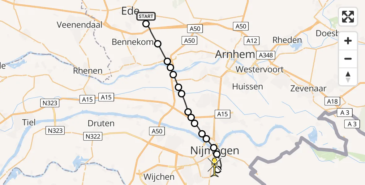 Routekaart van de vlucht: Lifeliner 3 naar Radboud Universitair Medisch Centrum