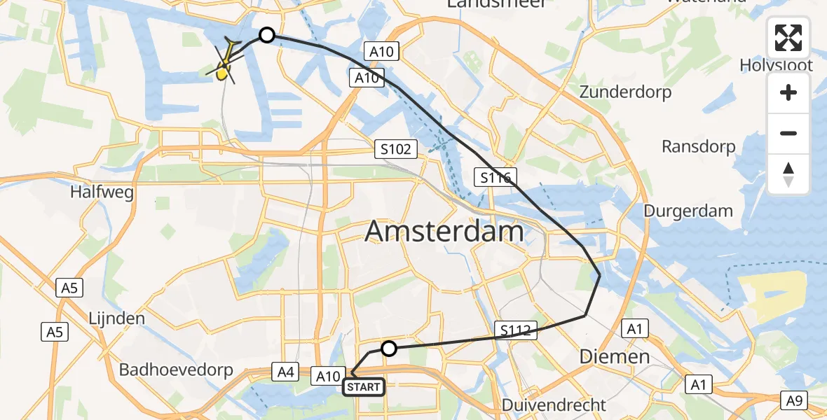Routekaart van de vlucht: Lifeliner 1 naar Amsterdam Heliport