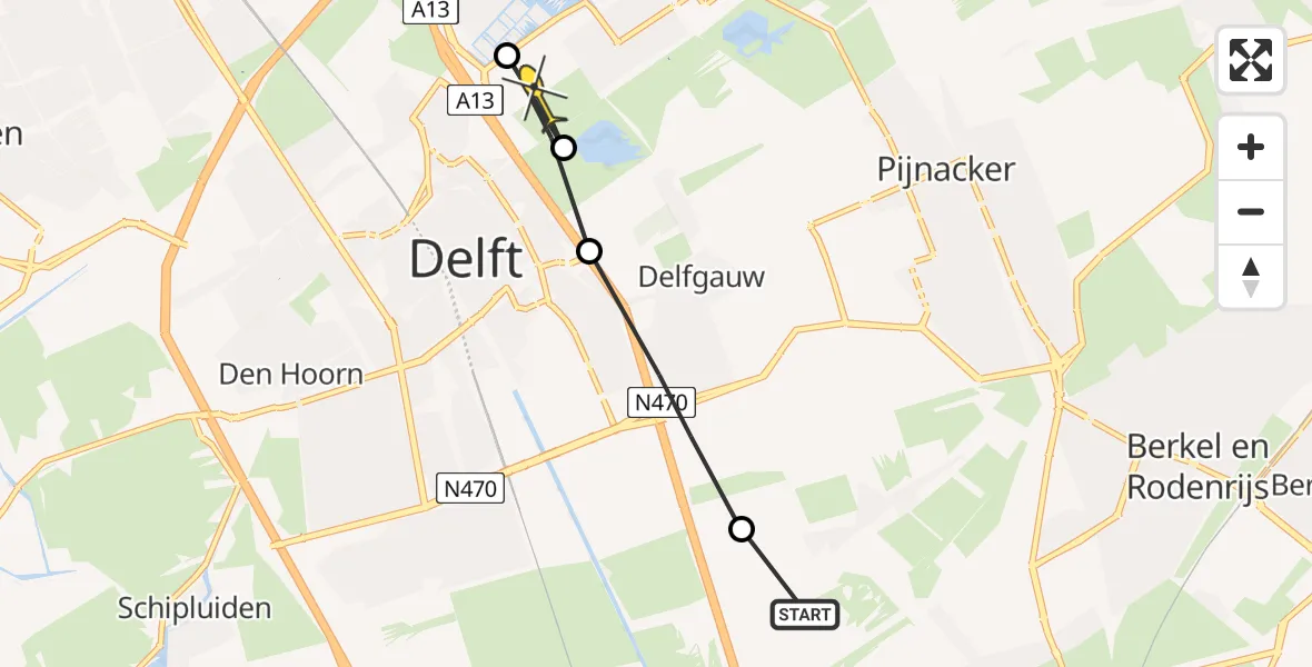 Routekaart van de vlucht: Politiehelikopter naar Delft