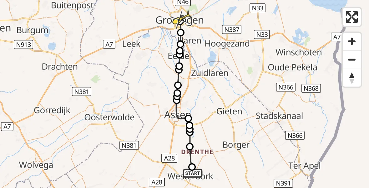 Routekaart van de vlucht: Lifeliner 4 naar Universitair Medisch Centrum Groningen