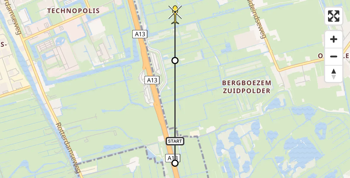 Routekaart van de vlucht: Politiehelikopter naar Delfgauw