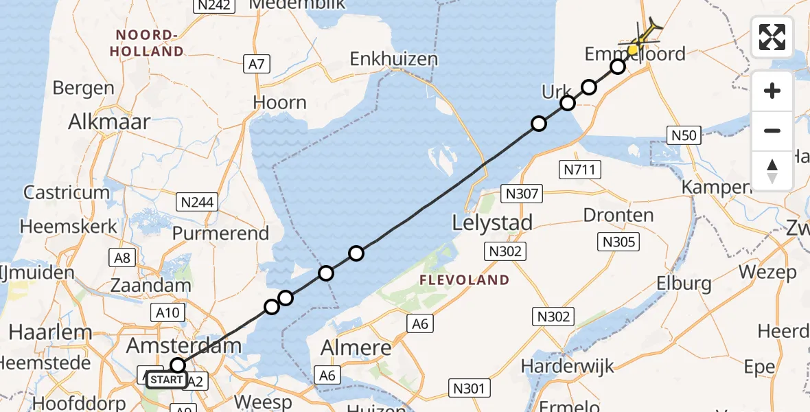 Routekaart van de vlucht: Lifeliner 1 naar Emmeloord