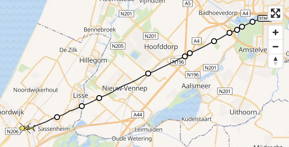 Routekaart van de vlucht: Lifeliner 1 naar Voorhout