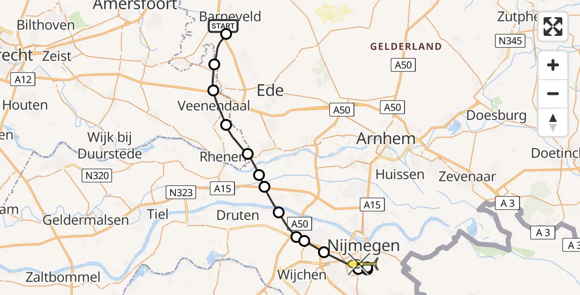 Routekaart van de vlucht: Lifeliner 3 naar Radboud Universitair Medisch Centrum