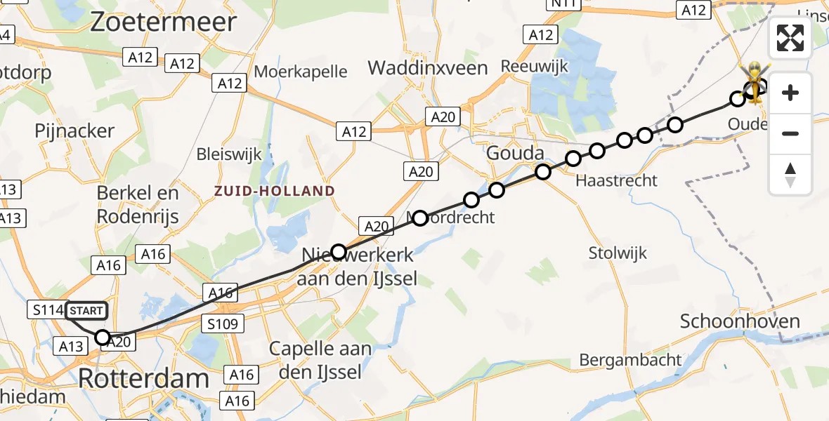 Vluchtroute Traumahelikopter Rotterdam The Hague Airport - Papekop, 02 februari 2023, 07:02