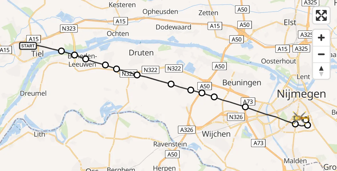 Vluchtroute Traumahelikopter Tiel - Radboud Universitair Medisch Centrum, 02 februari 2023, 08:33