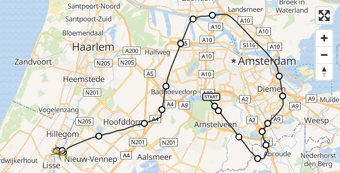 Vluchtroute Traumahelikopter van VU Medisch Centrum Amsterdam naar Lisserbroek