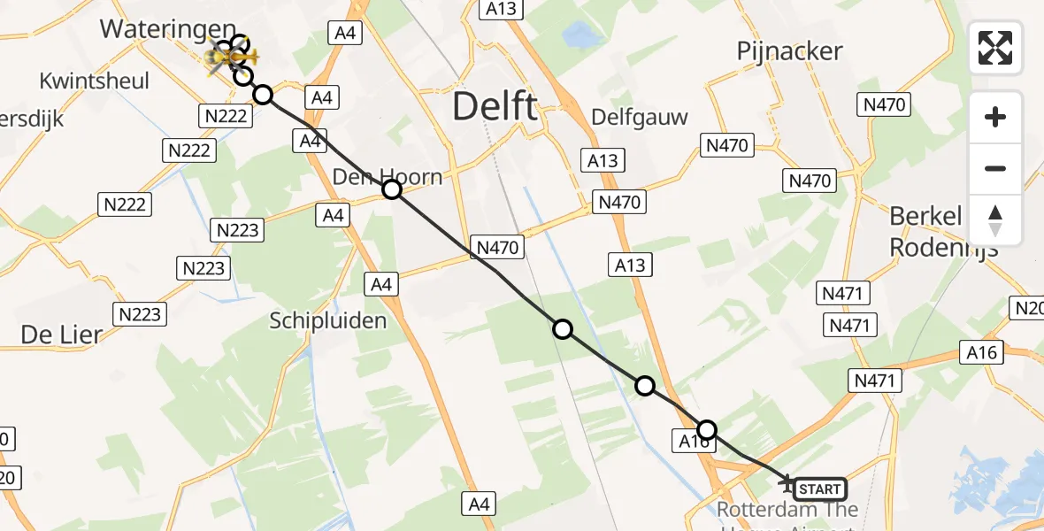Vluchtroute Traumahelikopter Rotterdam The Hague Airport - Wateringen, 02 februari 2023, 12:13