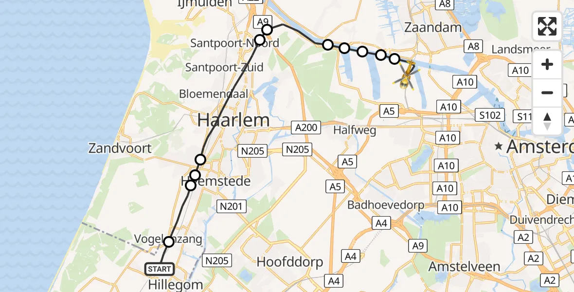 Vluchtroute Traumahelikopter Hillegom - Amsterdam Heliport, 02 februari 2023, 12:35
