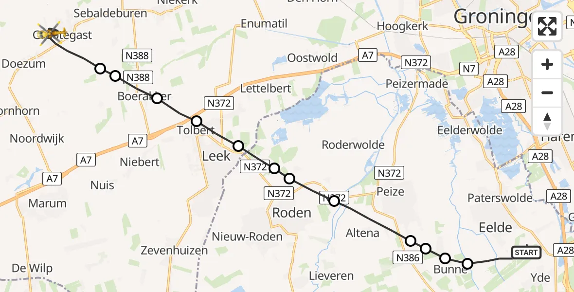 Vluchtroute Traumahelikopter Groningen Airport Eelde - Grootegast, 02 februari 2023, 12:45