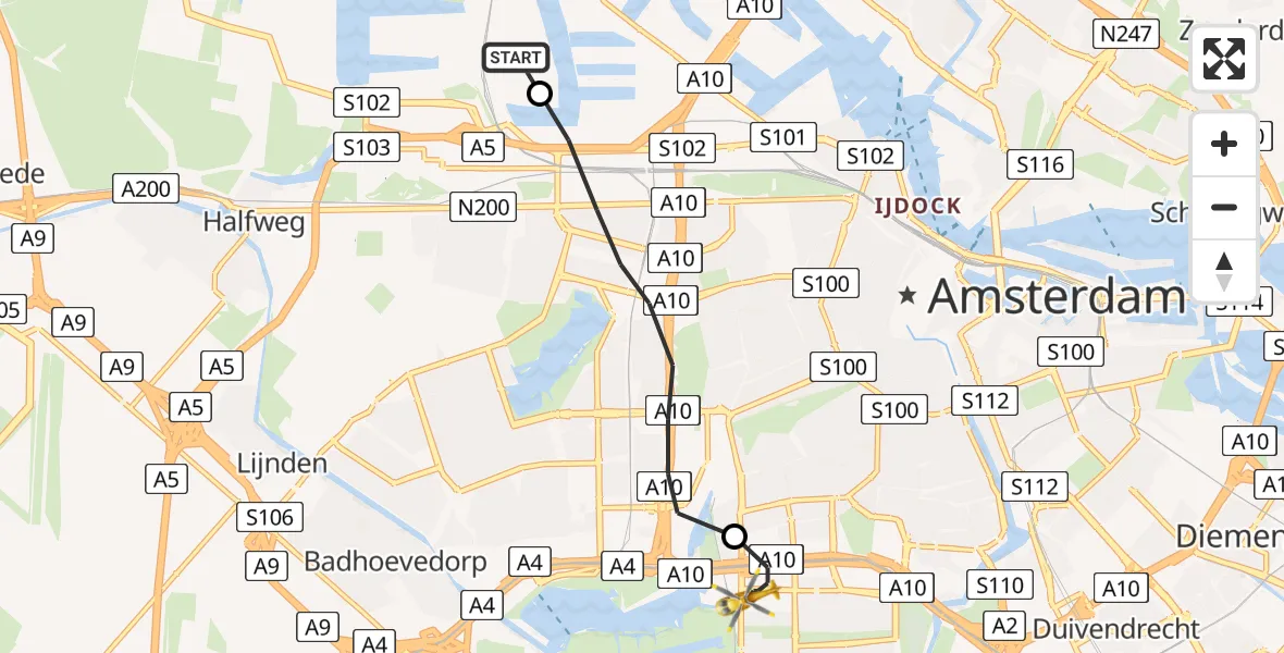 Vluchtroute Traumahelikopter Amsterdam Heliport - VU Medisch Centrum Amsterdam, 02 februari 2023, 12:58